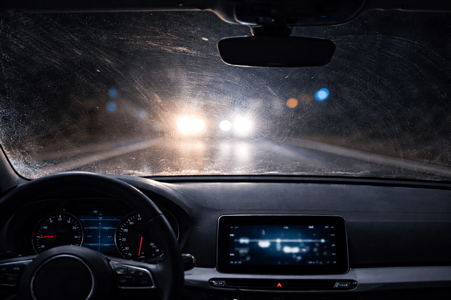 Schmutzige Autoscheibe bei Nacht