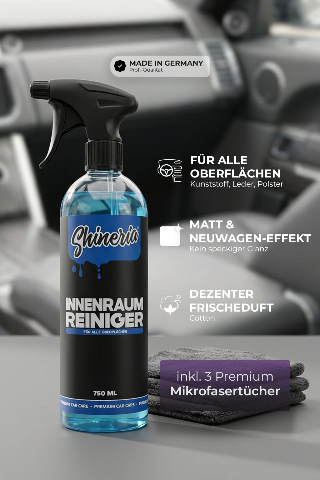 Innenraumreiniger Komplett-Set – 750 ml + 3 Premium Mikrofasertücher